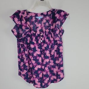 Draper James Pink Navy Blue Floral Smocked Flutter sleeve top XS